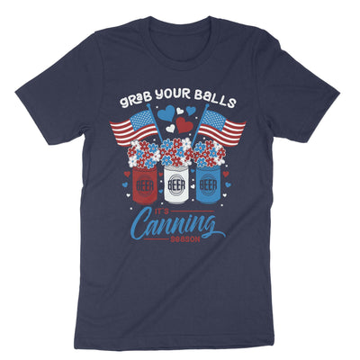 Navy Grab Your Balls Its Canning Season 4th July Beer Cans T-Shirt#color_navy
