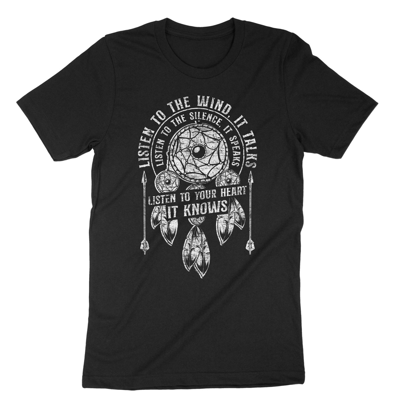 Black Listen To The Wind It Talks Listen To The Silence It Speaks Listen To Your Heart It Knows T-Shirt#color_black