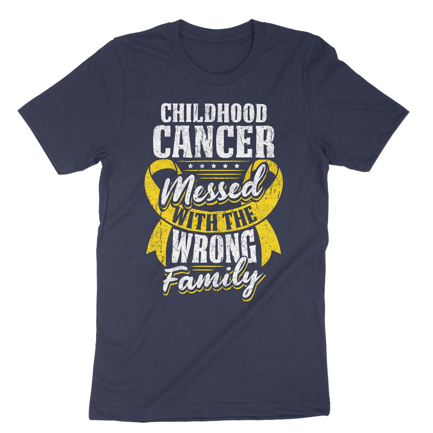 Navy Childhood Cancer Messed With The Wrong Family T-Shirt#color_navy