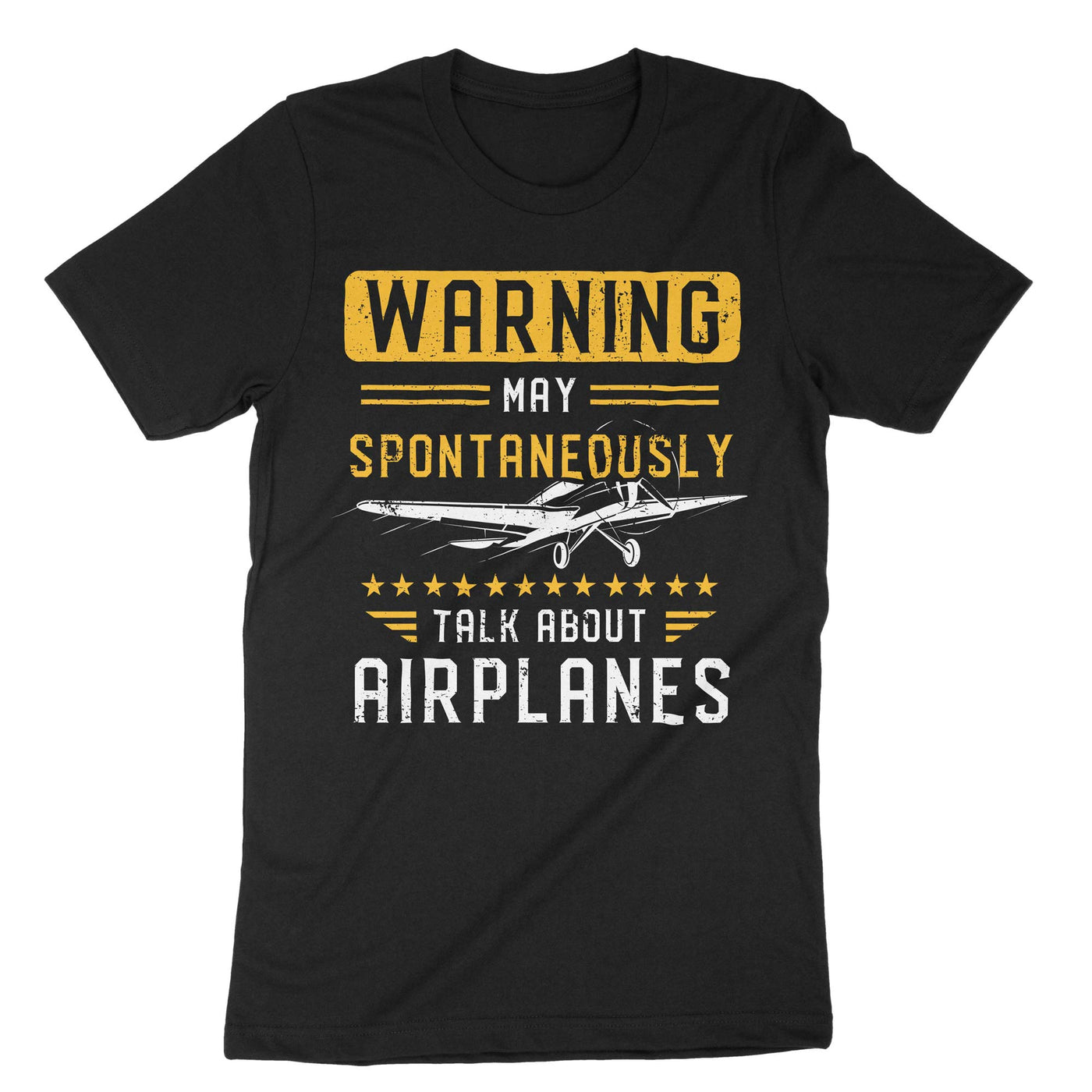 Black Warning May Spontaneously Talk About Airplanes T-Shirt#color_black