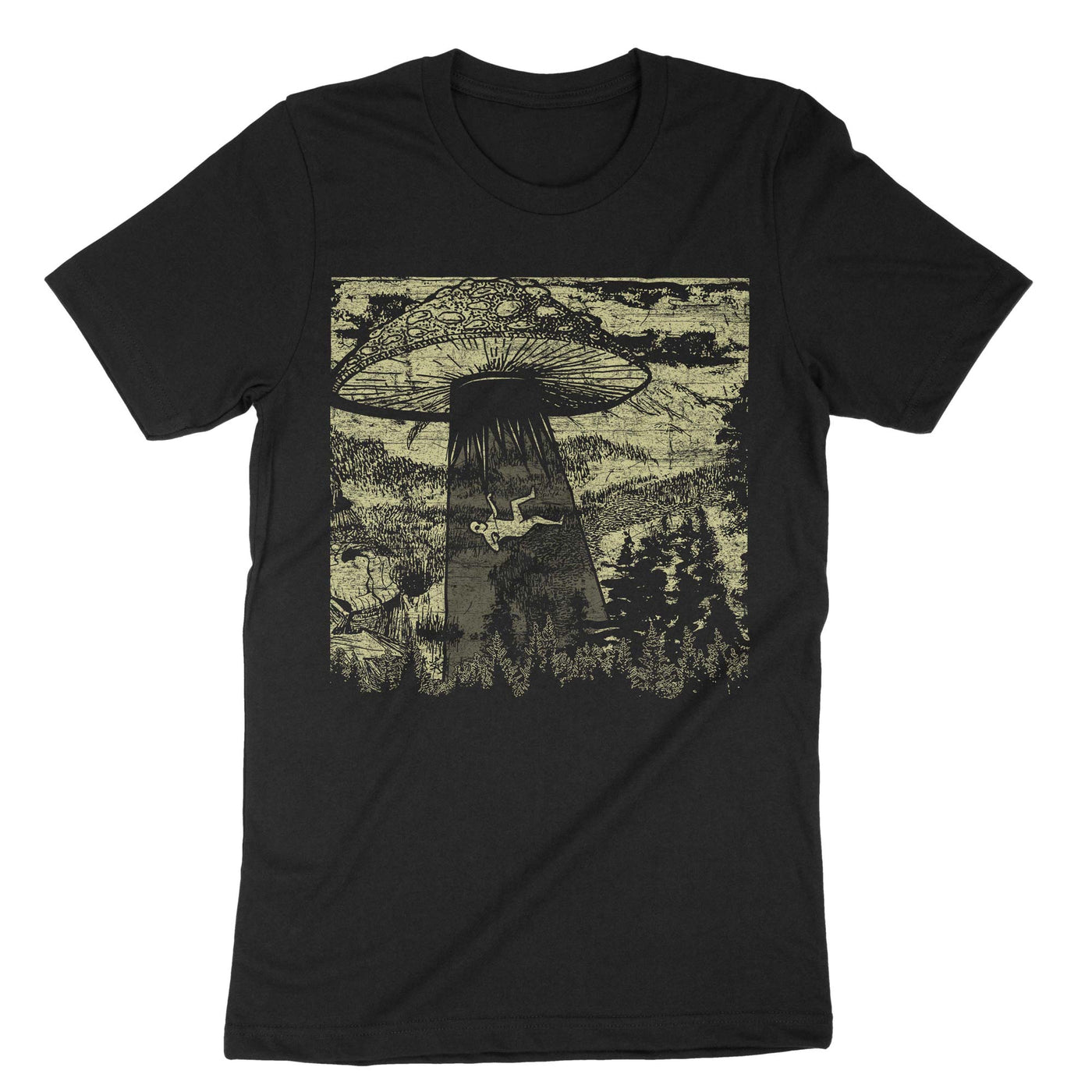 Black Mushroom Alien Abduction T-Shirt#color_black