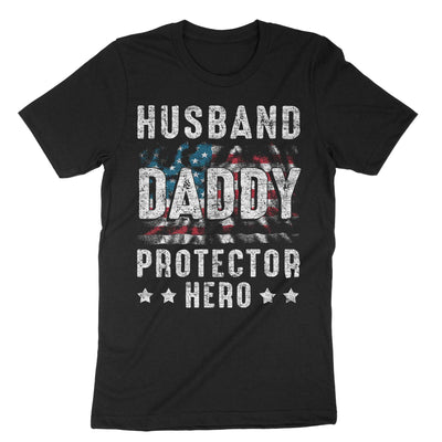 Black Us Flag Husband Daddy Protector Hero T-Shirt#color_black
