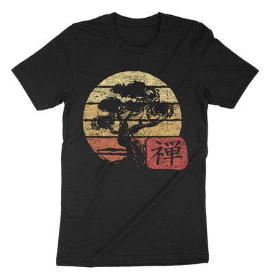 Black Pacific Ocean Retro Vintage Japanese Art Bonsai Tree Sunset T-Shirt#color_black