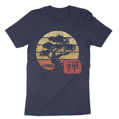 Navy Pacific Ocean Retro Vintage Japanese Art Bonsai Tree Sunset T-Shirt#color_navy