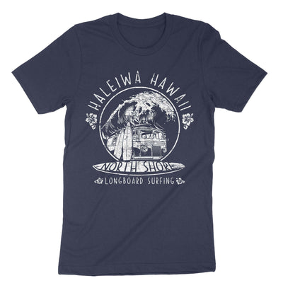 Navy Haleiwa Hawaii North Shore Longboard Surfing T-Shirt#color_navy