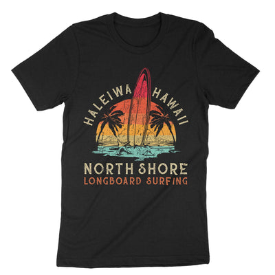 Black Haleiwa Hawaii North Shore Longboard Surfing T-Shirt#color_black