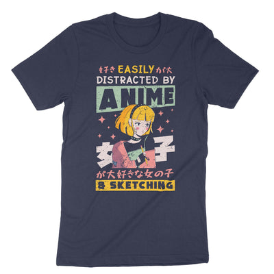 Navy Easily Distracted By Anime & Sketching T-Shirt#color_navy