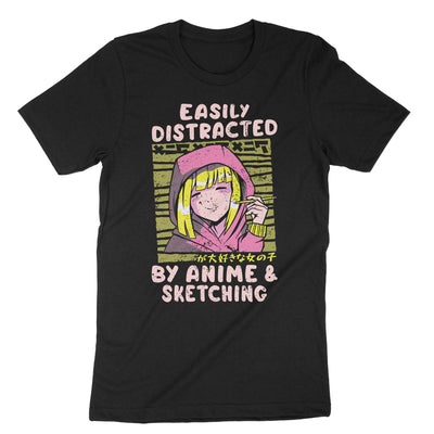 Black Easily Distracted By Anime & Sketching T-Shirt#color_black